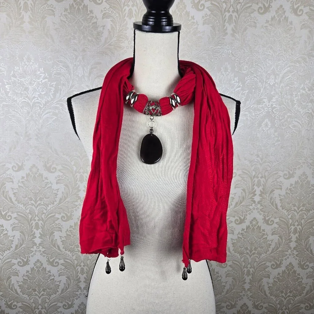 Red Infiniti Style Versatile Scarf Silver & Black Toned Jewelry Embellishments